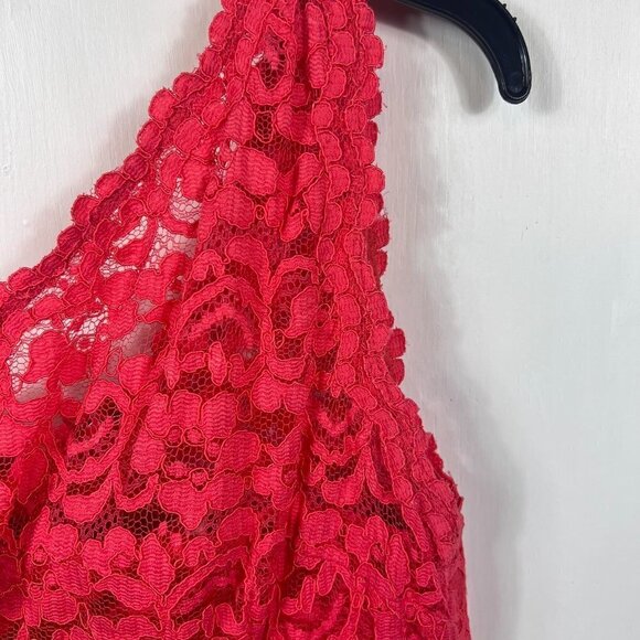 One-Shoulder Coral Lace & Mesh Dress | Bridesmaid or Cocktail Dress | Size 14 - Picture 5 of 9